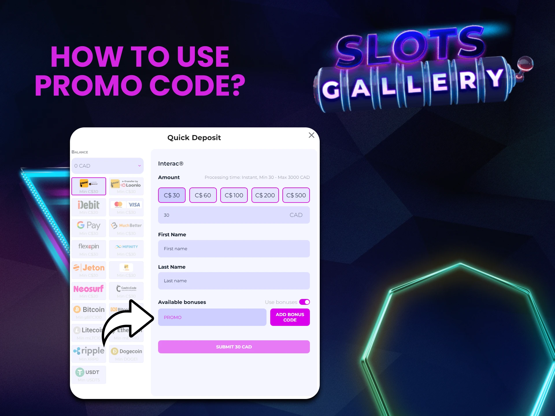 Use a promo code from Slots Gallery.